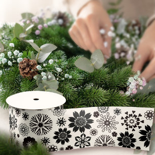     Cute Fun Modern Black and White Floral Pattern Satin Ribbon
