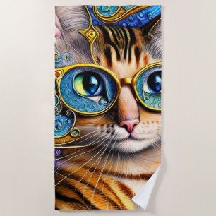 Cute Fun Nerd Cat Wearing Glasses Artwork Beach Towel