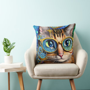 Cute Fun Nerd Cat Wearing Glasses Artwork Cushion
