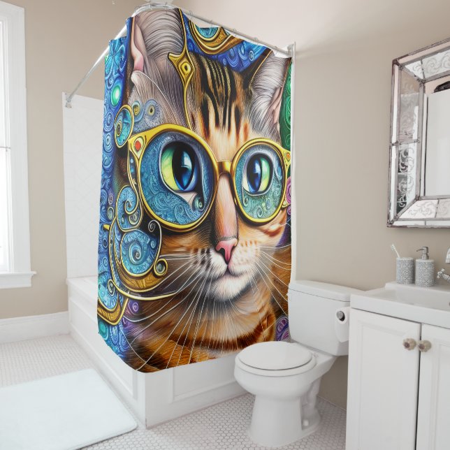 Cute Fun Nerd Cat Wearing Glasses Artwork  Shower Curtain (In Situ)