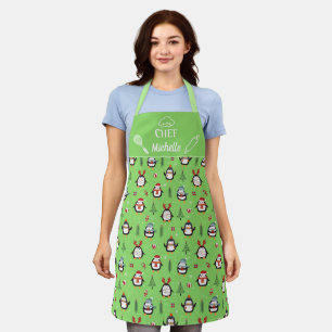 Cute fun penguins christmas trees snow apron