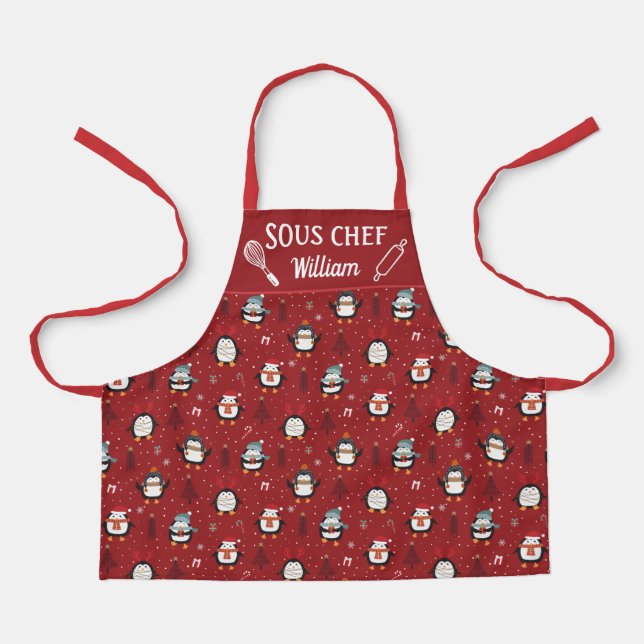 Cute fun penguins christmas trees snow Sous chef Apron (Front)