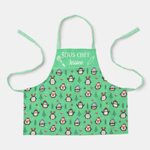 Cute fun penguins christmas trees snow Sous chef Apron