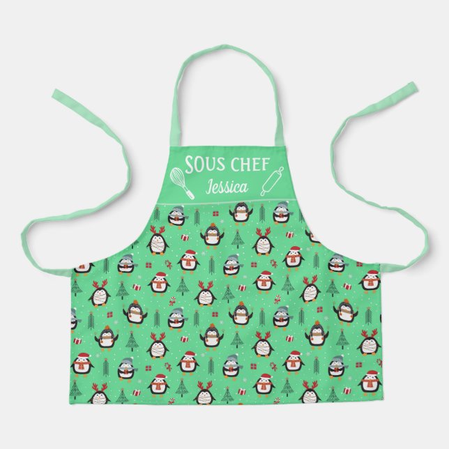 Cute fun penguins christmas trees snow Sous chef Apron (Front)