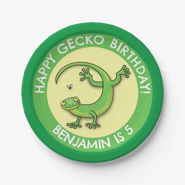 Cute fun personalised green gecko cartoon birthday paper plate (Front)