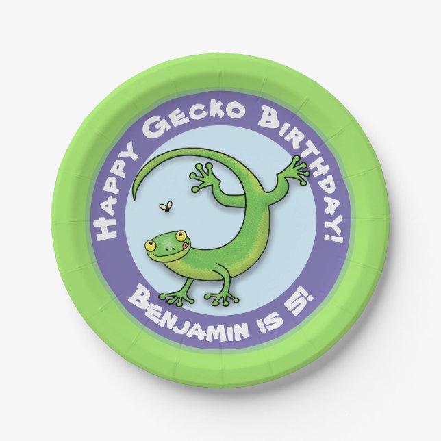 Cute fun personalised green gecko cartoon birthday paper plate (Front)