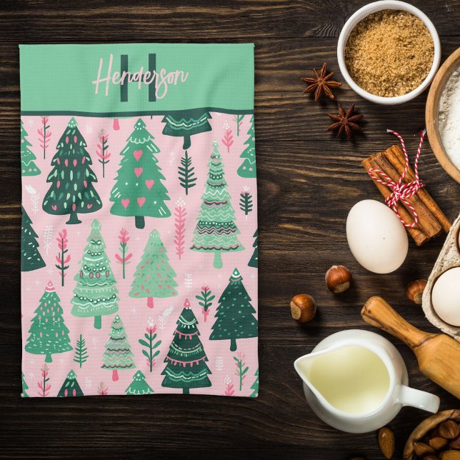 Cute Fun Pink & Green Christmas Tree Pattern Name Tea Towel (Creator Uploaded)