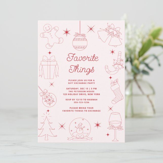 Cute Fun Pink Hand Drawn Favourite Things Holiday Invitation (Standing Front)