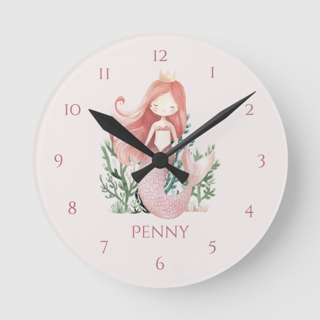 Cute fun Pink Mermaid Child's Wall Clock (Front)