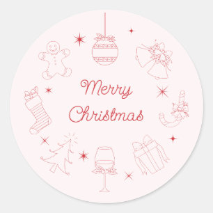 Cute Fun Pink Red Hand Drawn Christmas Classic Round Sticker