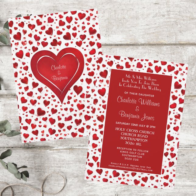 Cute Fun Red And White Hearts Valentine Wedding Invitation (Front And Back)