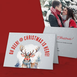 Cute Fun Red White Reindeer Winter Christmas hoto Holiday Card