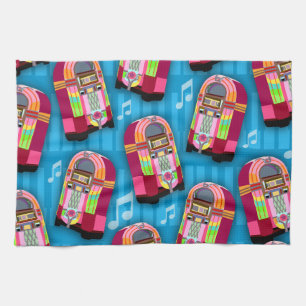 Cute Fun Retro Fifties Neon Jukebox Pattern Tea Towel