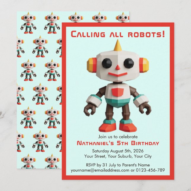 Cute Fun Robot Kid's Birthday Invitation (Front/Back)