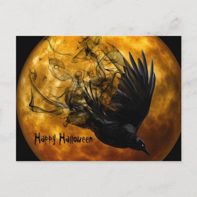 Cute Fun Scary Happy Halloween Crow and Full Moon Holiday Postcard (Front)
