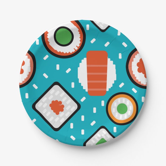 Cute fun seamless pixel sushi cartoon pattern paper plate (Front)