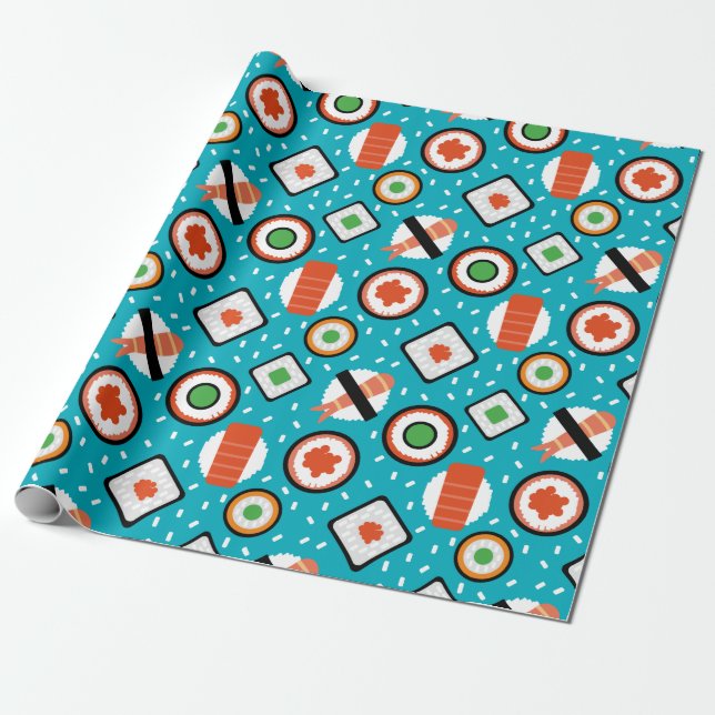 Cute fun seamless pixel sushi cartoon pattern wrapping paper (Unrolled)