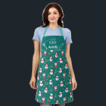 Cute fun snowman Santa Claus Christmas family Apron<br><div class="desc">Cute pine green family matching apron featuring a fun pattern with lovely cartoon snowmen with red and scarfs and red and black hats, and adorable little Santa Clauses, decorated with snowflakes, green and red holly leaves, and red and white candy canes. The caption on the upper part, decorated with a...</div>