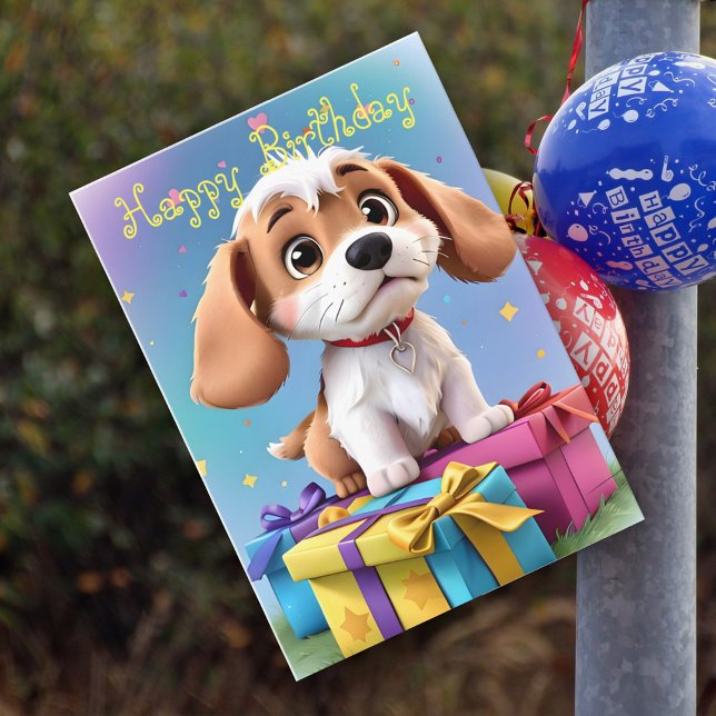 Cute fun Tan & White Puppy with Gifts Birthday Card (Creator Uploaded)