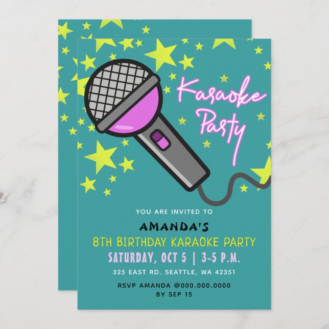 Cute Fun Teal Purple Kids Birthday Karaoke Party Invitation (Front/Back)