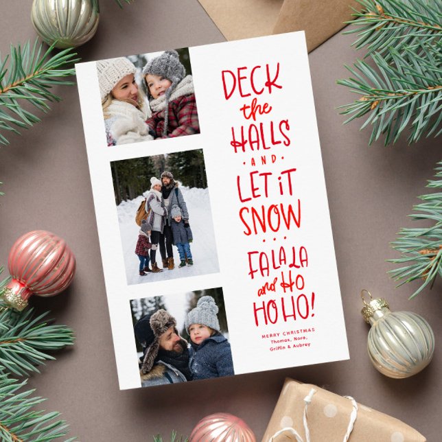 Cute fun three photo red white Christmas Holiday Card (Creator Uploaded)
