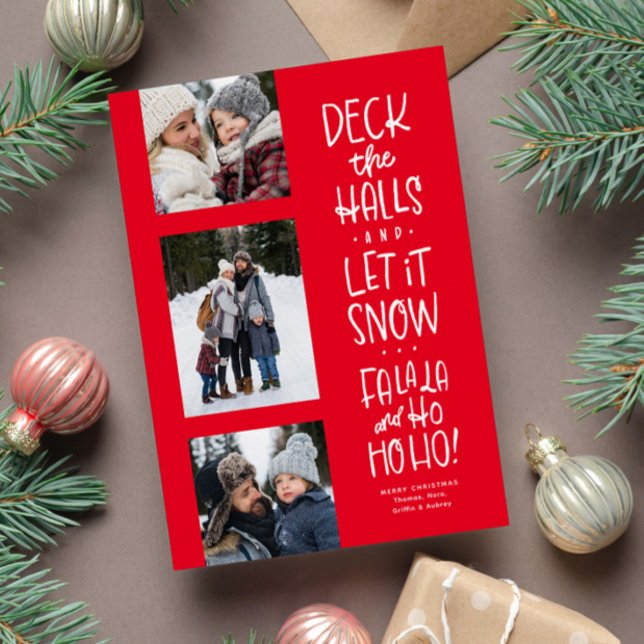 Cute fun three photo red white Christmas Holiday Card (Creator Uploaded)