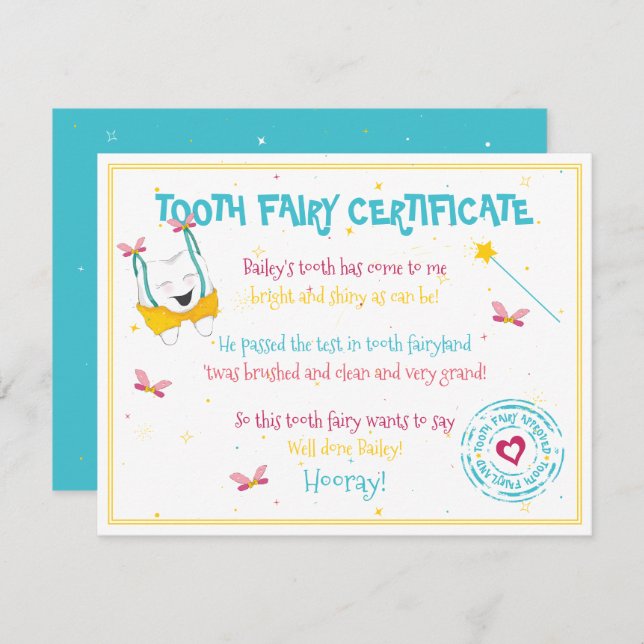 Cute Fun Tooth Fairy Certificate Blue Colour Pop  Card (Front/Back)