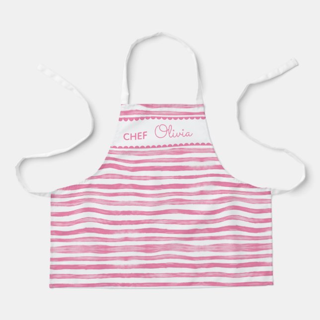 Cute Fun Watercolor Pink Striped Personalised Chef Apron (Front)