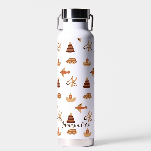 Cute Fun White Brown Kids Toy Car Plane Boat Water Bottle (Front)