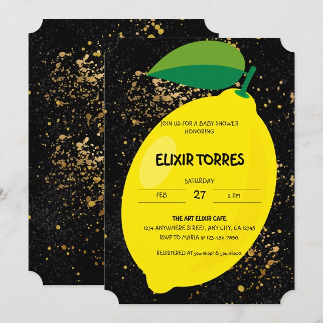 Cute Fun Yellow Lemon Gold Glitters Baby Shower Invitation (Front/Back)