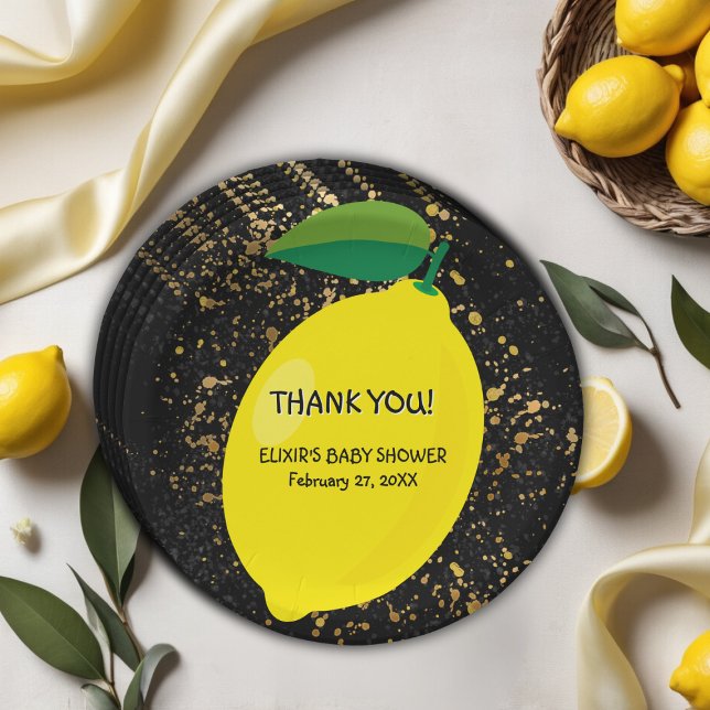 Cute Fun Yellow Lemon Gold Glitters Baby Shower Paper Plate (Creator Uploaded)