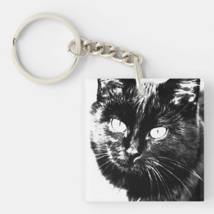 Cute Funky Black Cat Kitten Eyes Sketch Key Ring