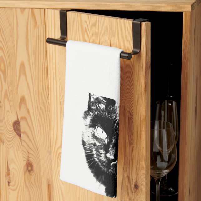 Cute Funky Black Cat Kitten Eyes Sketch Tea Towel (Thirds Fold)