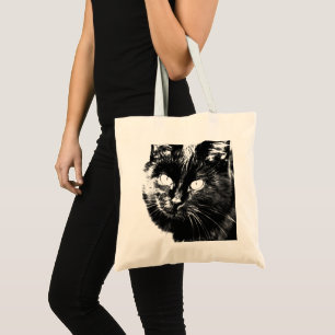 Cute Funky Black Cat Kitten Eyes Sketch Tote Bag