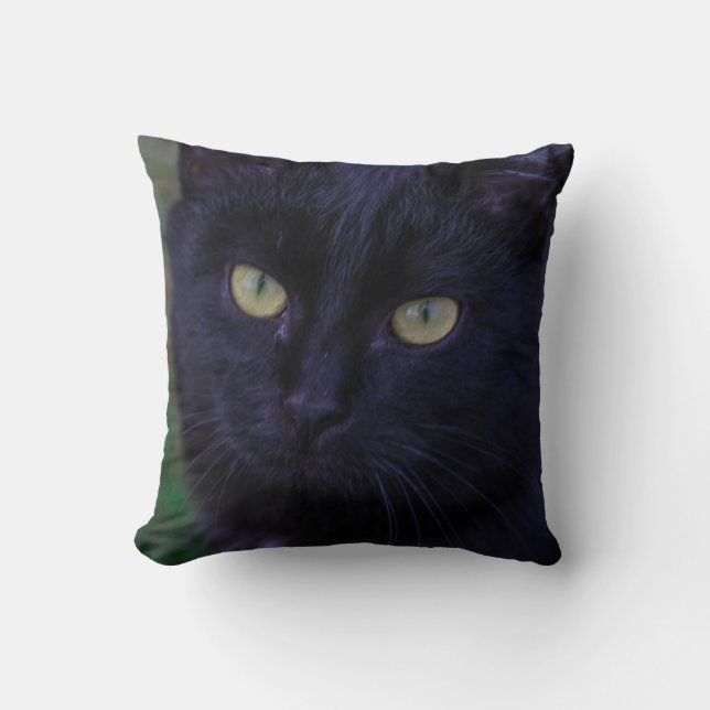 Cute Funky Black Cat Kitten Yellow Eyes Cushion (Front)