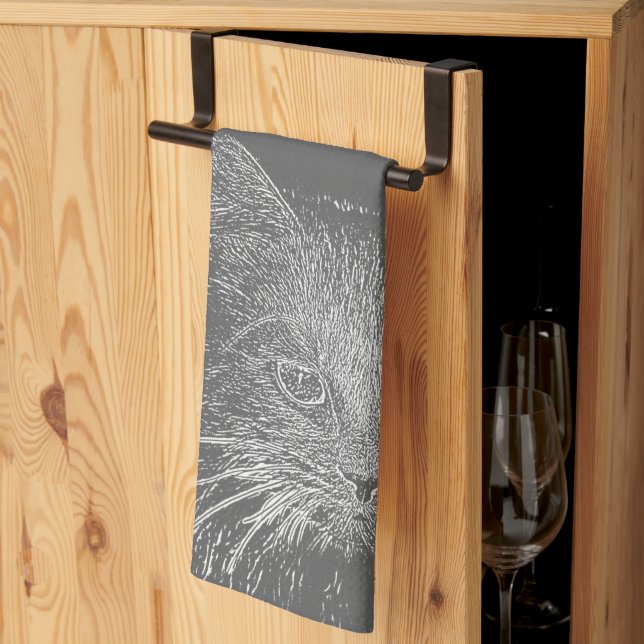 Cute Funky Cat Kitten Eyes Face Sketch Tea Towel (Thirds Fold)