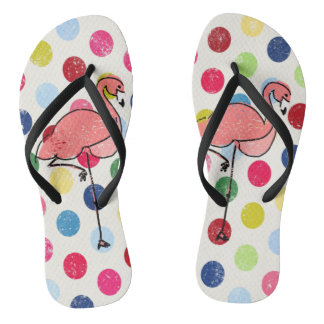 Cute Funky Flamingos Colourful Polka Dots Thongs