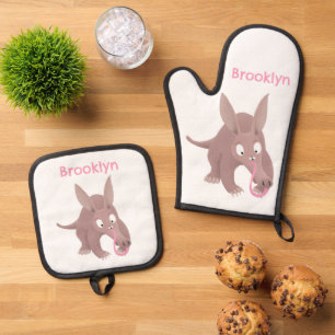 Cute funny aardvark cartoon oven mitt & pot holder set