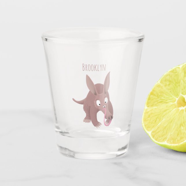 Cute funny aardvark cartoon shot glass (Front)