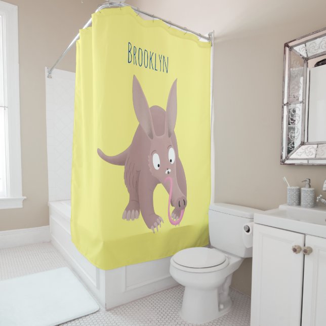 Cute funny aardvark cartoon shower curtain (In Situ)