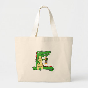 Cute funny alligator drinking beer large tote bag