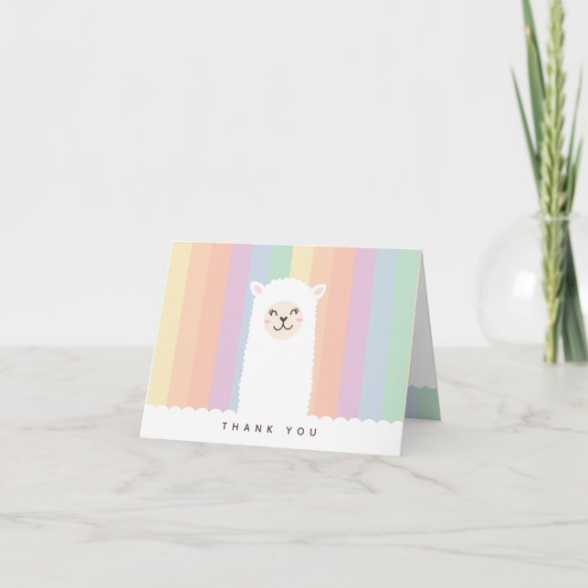 Cute Funny Alpaca Llama and Rainbow Whimsical Thank You Card (Front)