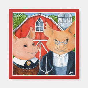 Cute funny American Gothic pigs farm magnet