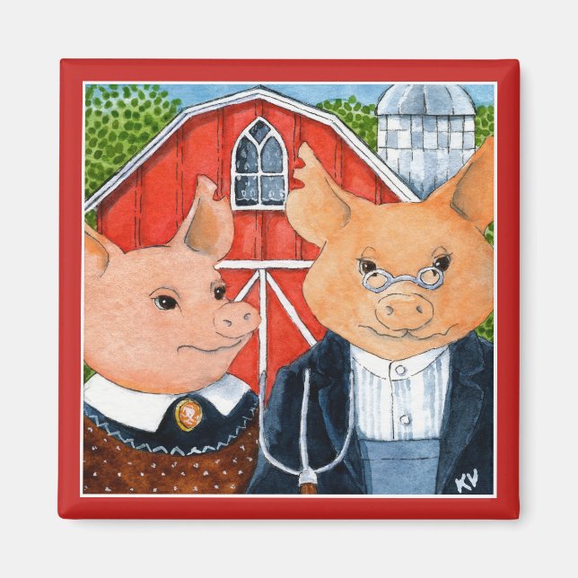 Cute funny American Gothic pigs farm magnet (Front)