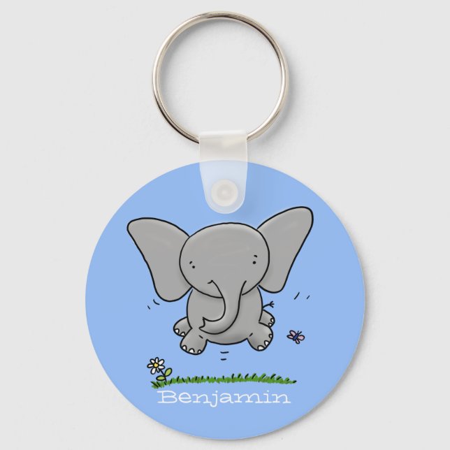 Cute funny baby elephant jump illustration cartoon key ring (Front)