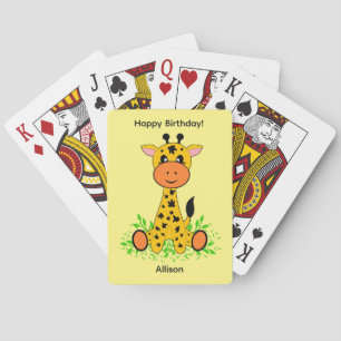 Cute funny baby giraffe playing cards