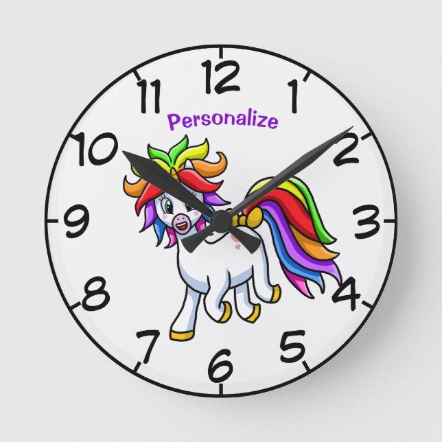 Cute & Funny Baby Unicorn Cartoon Personalize Round Clock (Front)