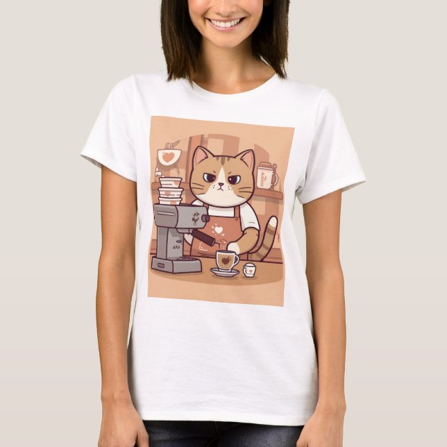 Cute Funny Barista Cat with Coffee T-shirt (Front)
