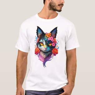 Cute funny "BATCAT" cat with bat ears and flowers T-Shirt