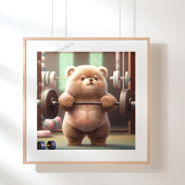 Cute Funny Bear Weightlifting in Gym Workout Art Poster (Creator Uploaded)